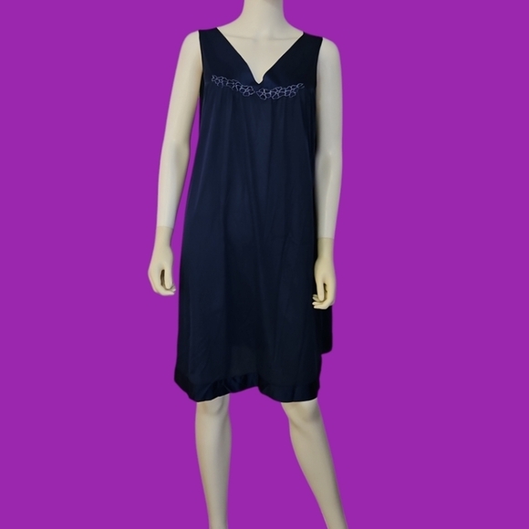 VTG VANITY FAIR Navy Blue V-Neck Semi-sheer Satin Below Knee Tank Nightgown - Picture 1 of 7